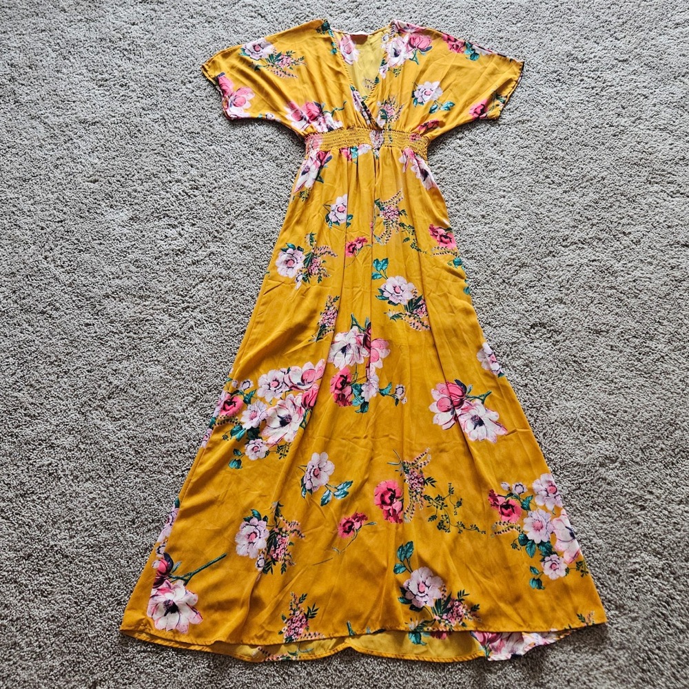 Pink Lily Floral Maxi Dress Size M Smocked Waist Flutter Sleeve Boho Summer